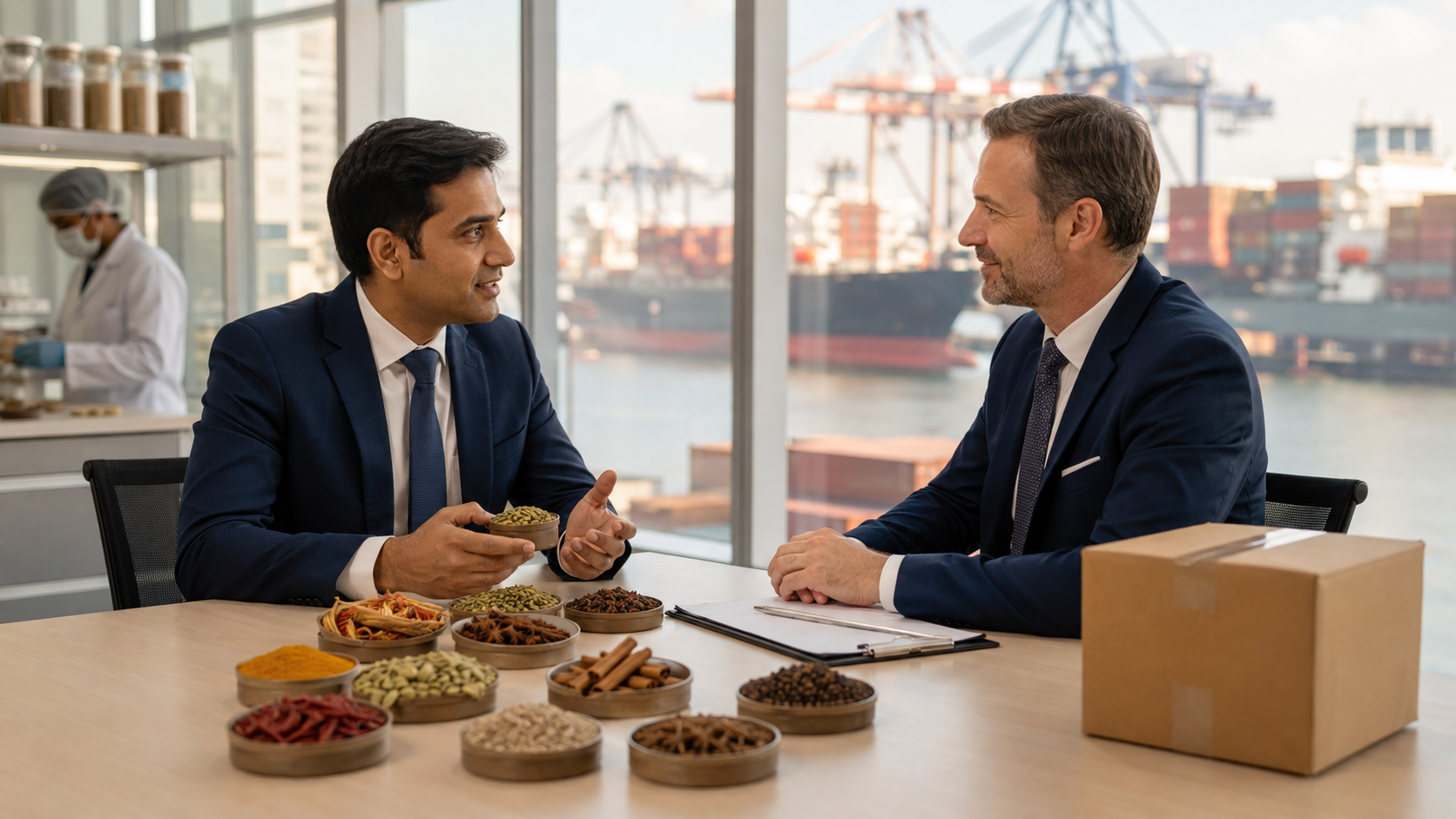 Buyer requirements discussion — spice samples and export consultation with port background