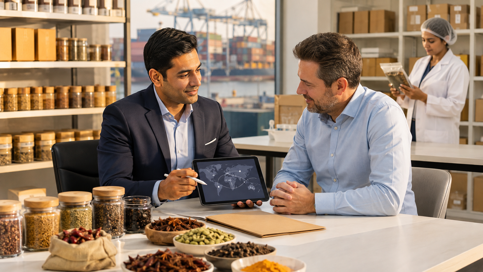 TBAISA export support — global buyer consultation with spices and world map tablet